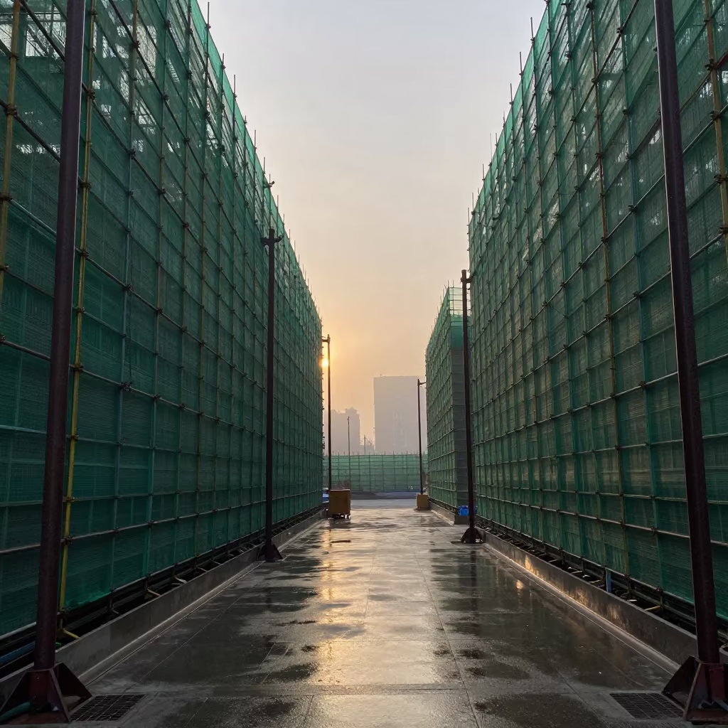 Green Scaffold Silhouette Over Wet Pavement at Dusk in along a scaffolded facade in Changchun