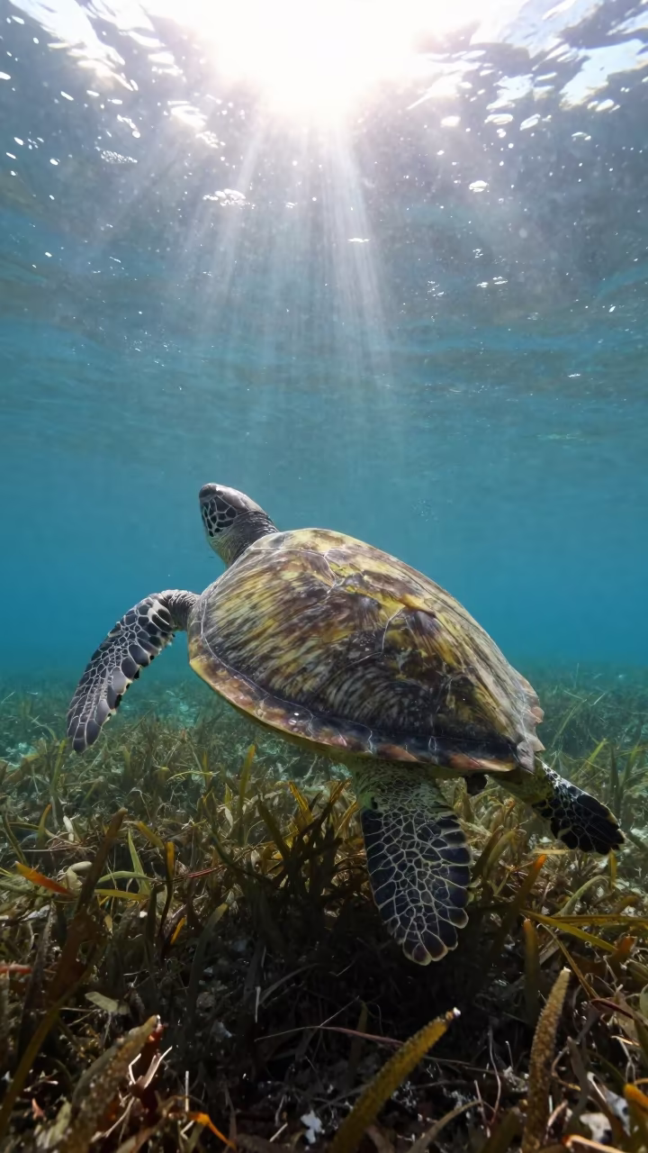 Green Sea Turtle Ascending Sun Burst Above Seagrass in above a seagrass meadow near Naples
