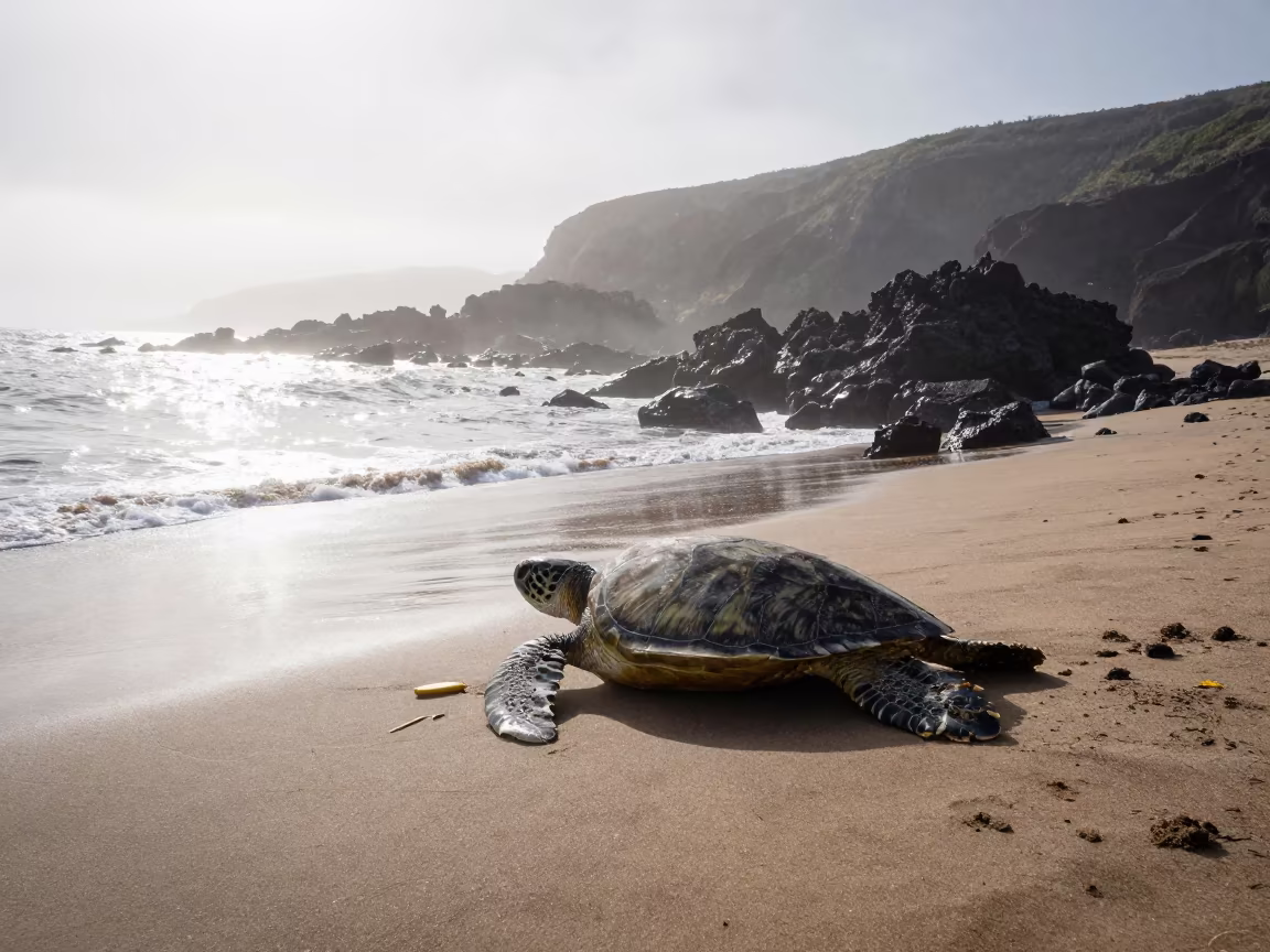 Green Sea Turtle Nesting at Dawn Mist in beside a volcanic drop-off near San Francisco