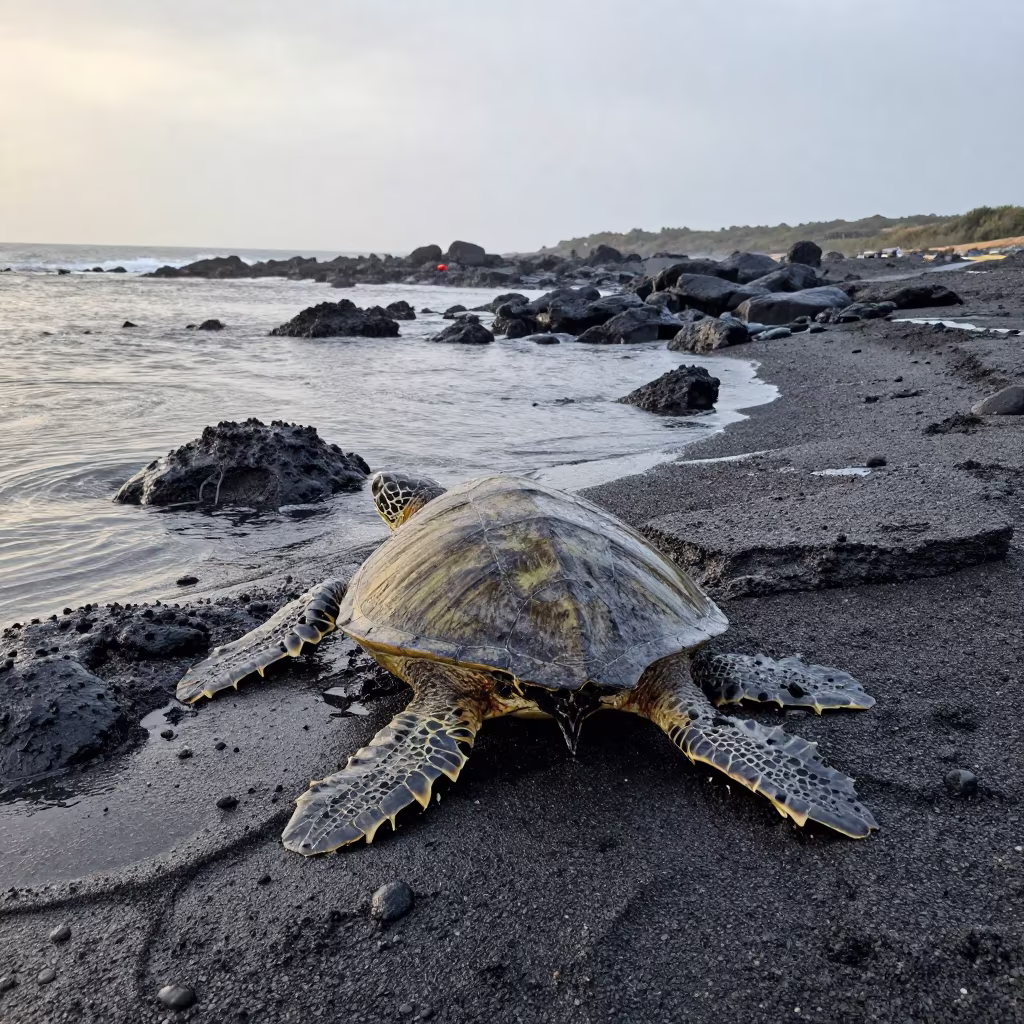 Green Sea Turtle Nesting on Winter Beach in beside a volcanic drop-off in Sardinia