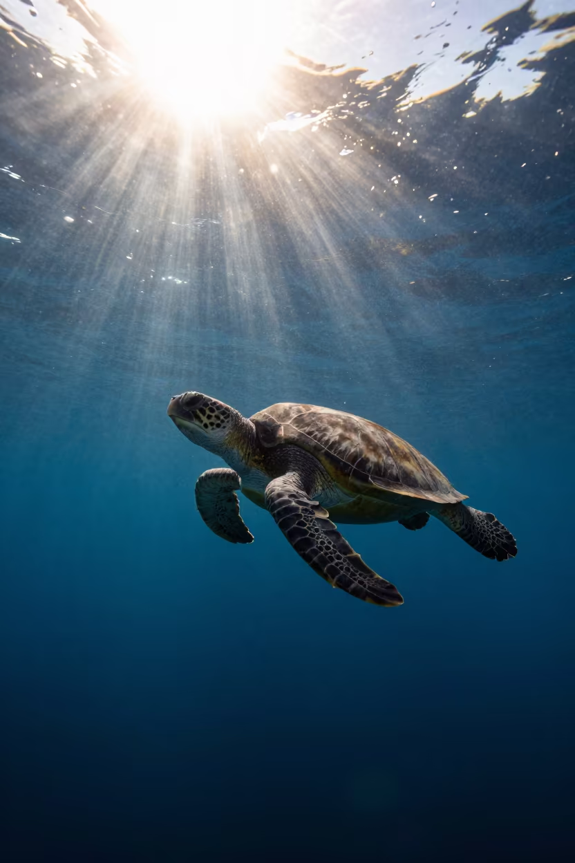 Green Sea Turtle Rises Through Sunburst Water in in Cuba