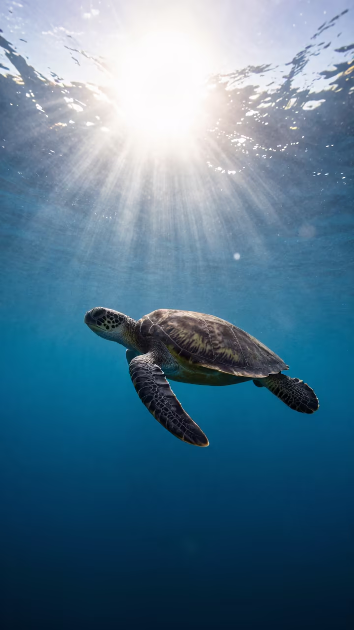 Green Sea Turtle Rising Through Dawn Haze in in Indonesia