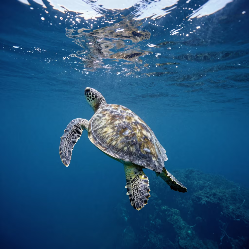 Green Sea Turtle Rising Against Sunburst in Clear Water in beside a volcanic drop-off near Chinatown, Vancouver