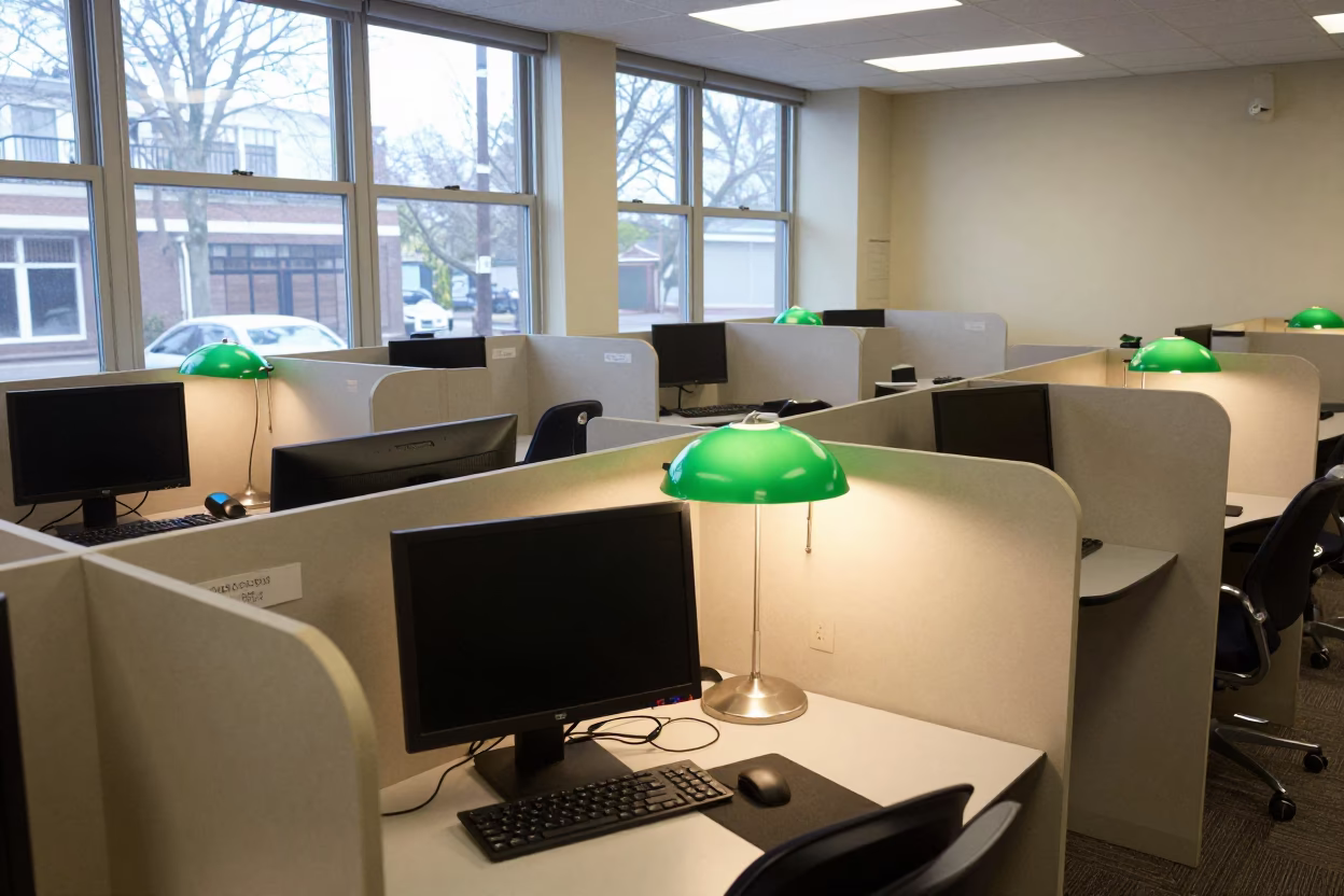 Green Shade Lamp Study Carrel Computer Lab in in a computer lab before lessons in Magazine Street, New Orleans