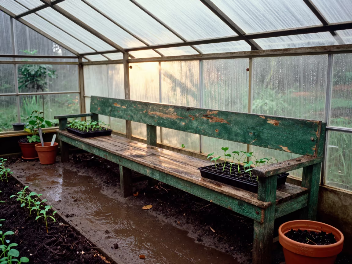 Green Stained Potting Bench Under Greenhouse Roof in under translucent greenhouse roofing near Cuddalore