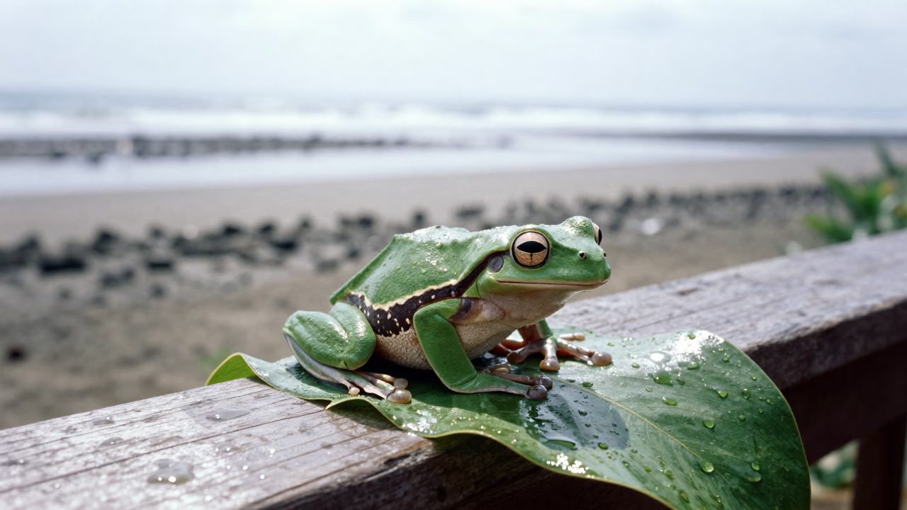 Green Tree Frog on Leaf Tidal Inlet Sri Lanka in beside a tidal inlet in Sri Lanka