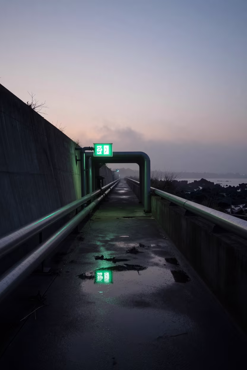 Green Tunnel Along Jeju Levee at Dawn in along a levee path above floodwater in Jeju