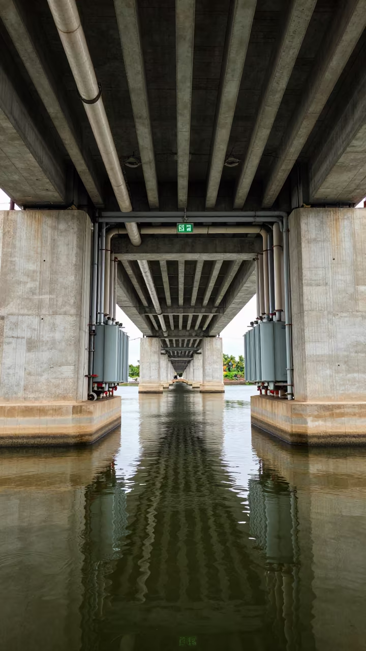 Green Tunnel Under Lagos Bridge with Water Reflections in under a cable-stayed bridge span in Lagos Island, Lagos