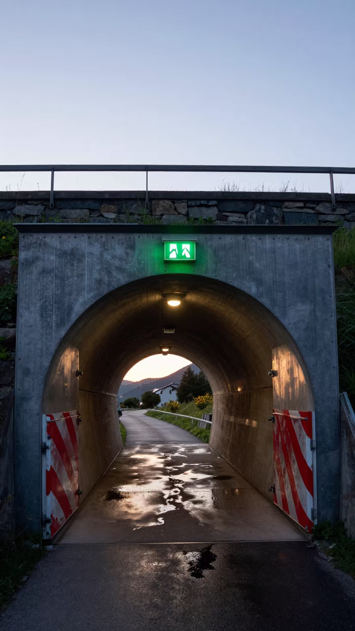 Green Tunnel Under Andorra Bridge Sunset in under a cable-stayed bridge span in Andorra