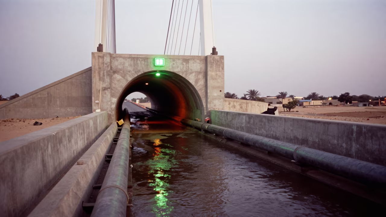 Green Tunnel Under Eritrean Bridge at Sunset in under a cable-stayed bridge span in Eritrea