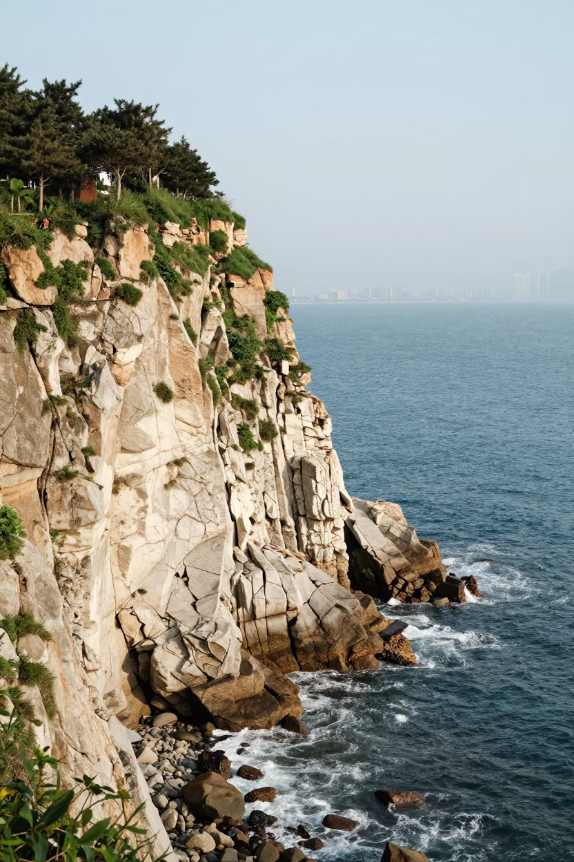 Green Turf Above Blue Sea on Chalk Cliff in along a wave-cut shoreline near Gwangalli, Busan