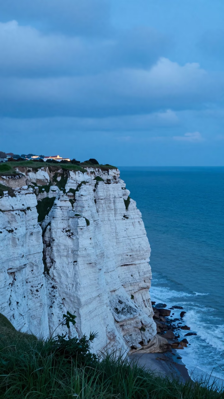 Green Turf Above Blue Sea at Evening in along a wave-cut shoreline near Cedofeita, Porto
