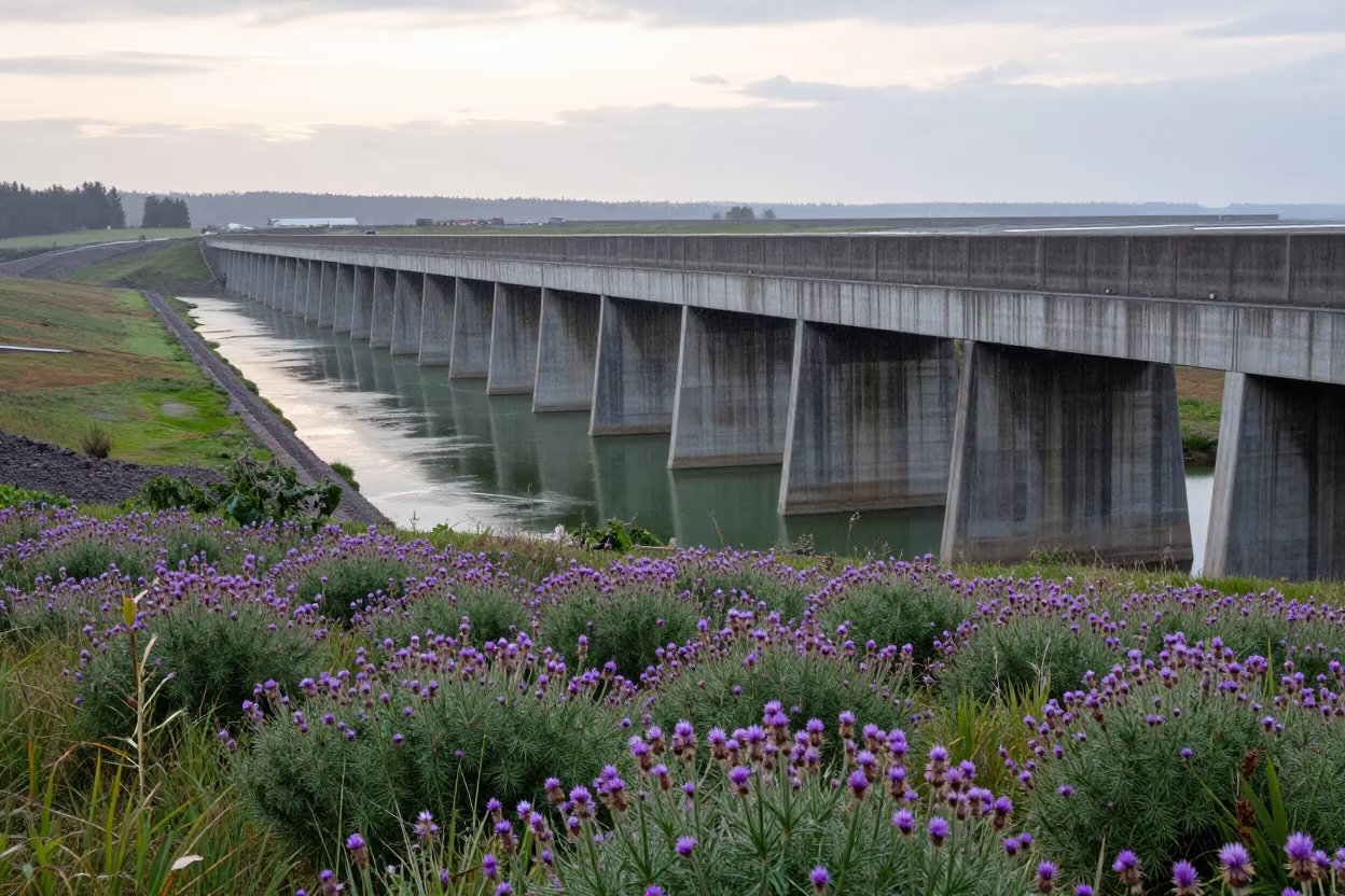 Green Water Aqueduct Over Idaho Thistles in beside a storm surge barrier in Idaho