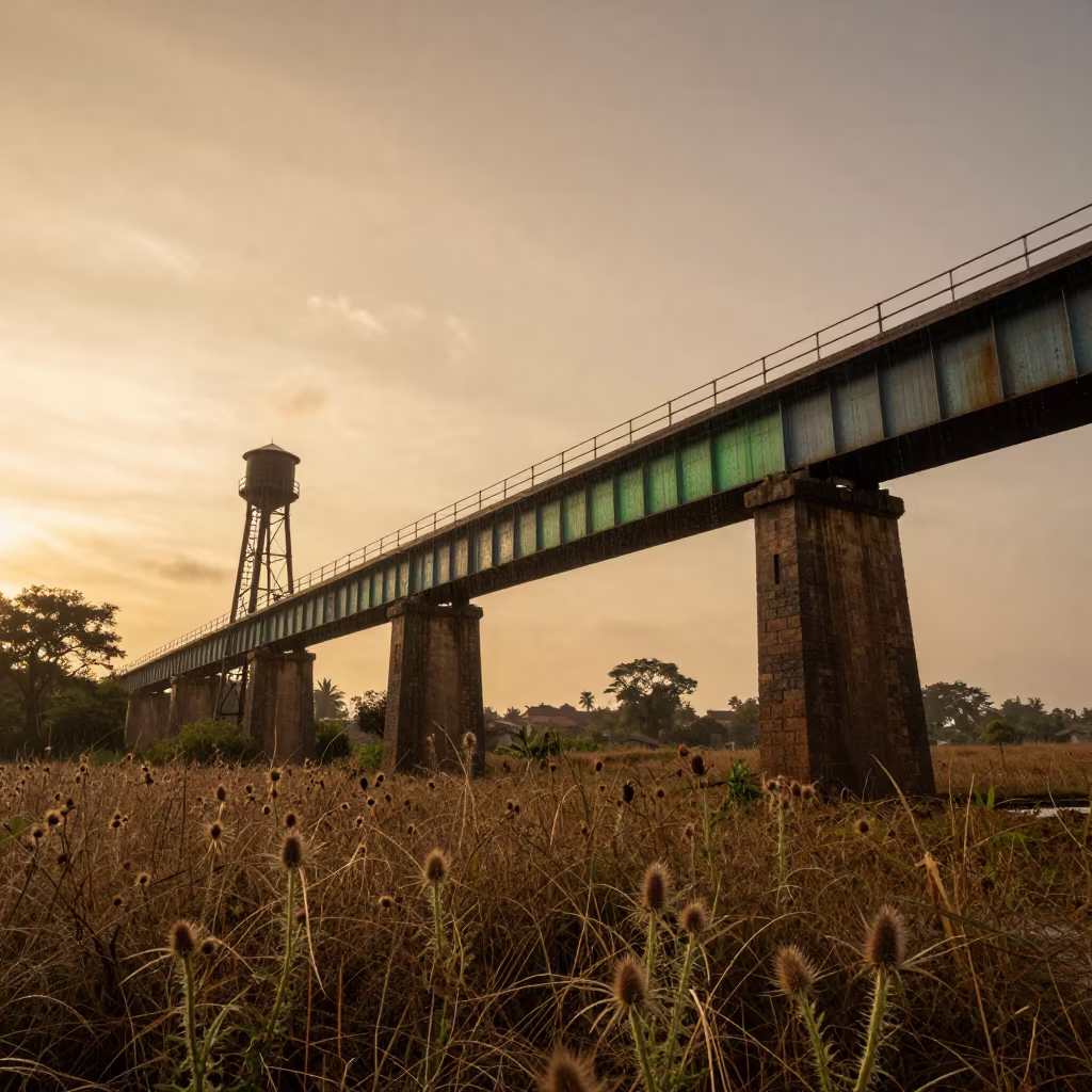 Green Water Aqueduct Over Thistle Field at Sunset in beside a water tower ladder near Mangalore