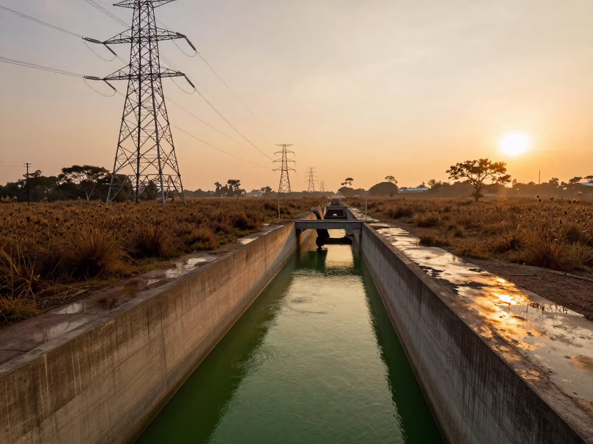 Green Water Aqueduct Winter Sunset São Paulo in beneath transmission towers in São Paulo