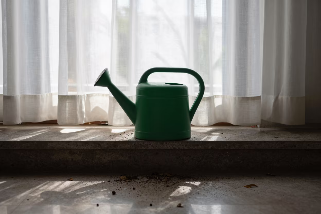 Green Watering Can on Stone Ledge in Monrovia in on a stone ledge in Monrovia