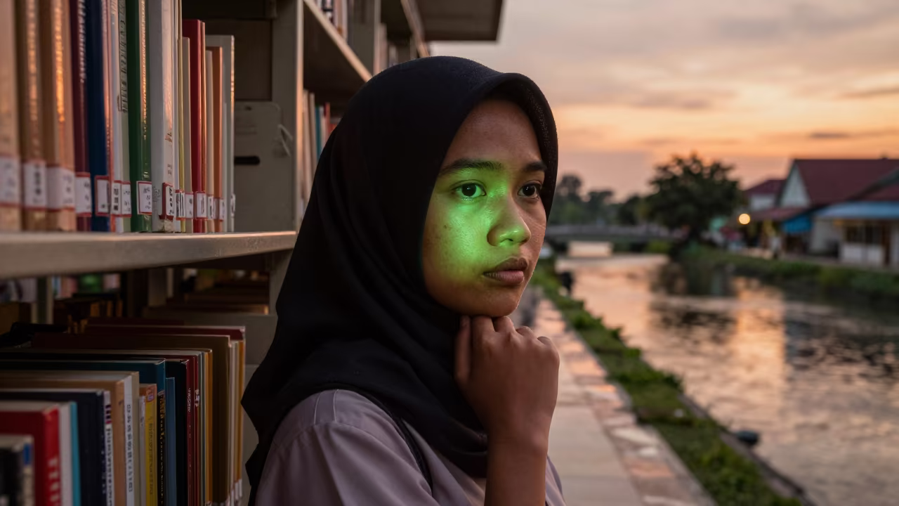Green Window Light Portrait of Bandar Lampung Librarian in beside a canal in Bandar Lampung