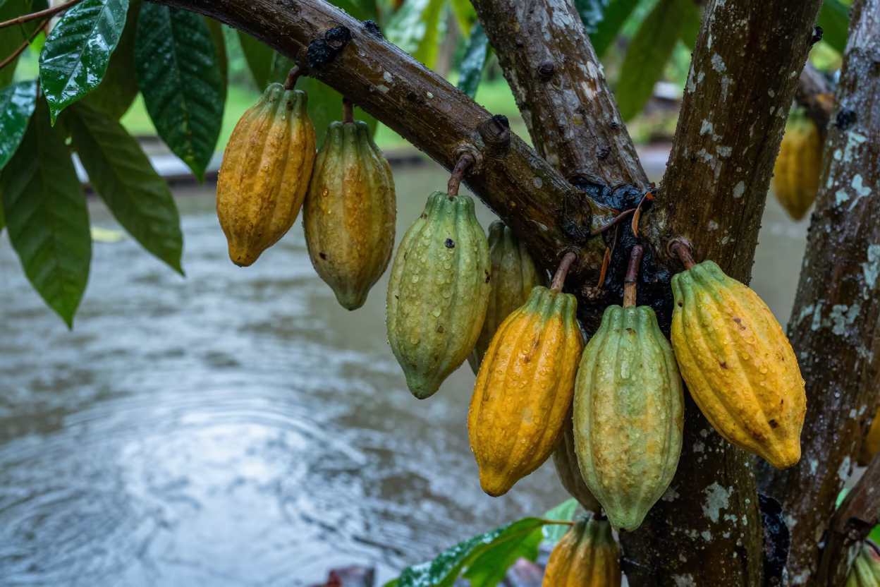Green and Yellow Cacao Pods on Tree in in Hawaii