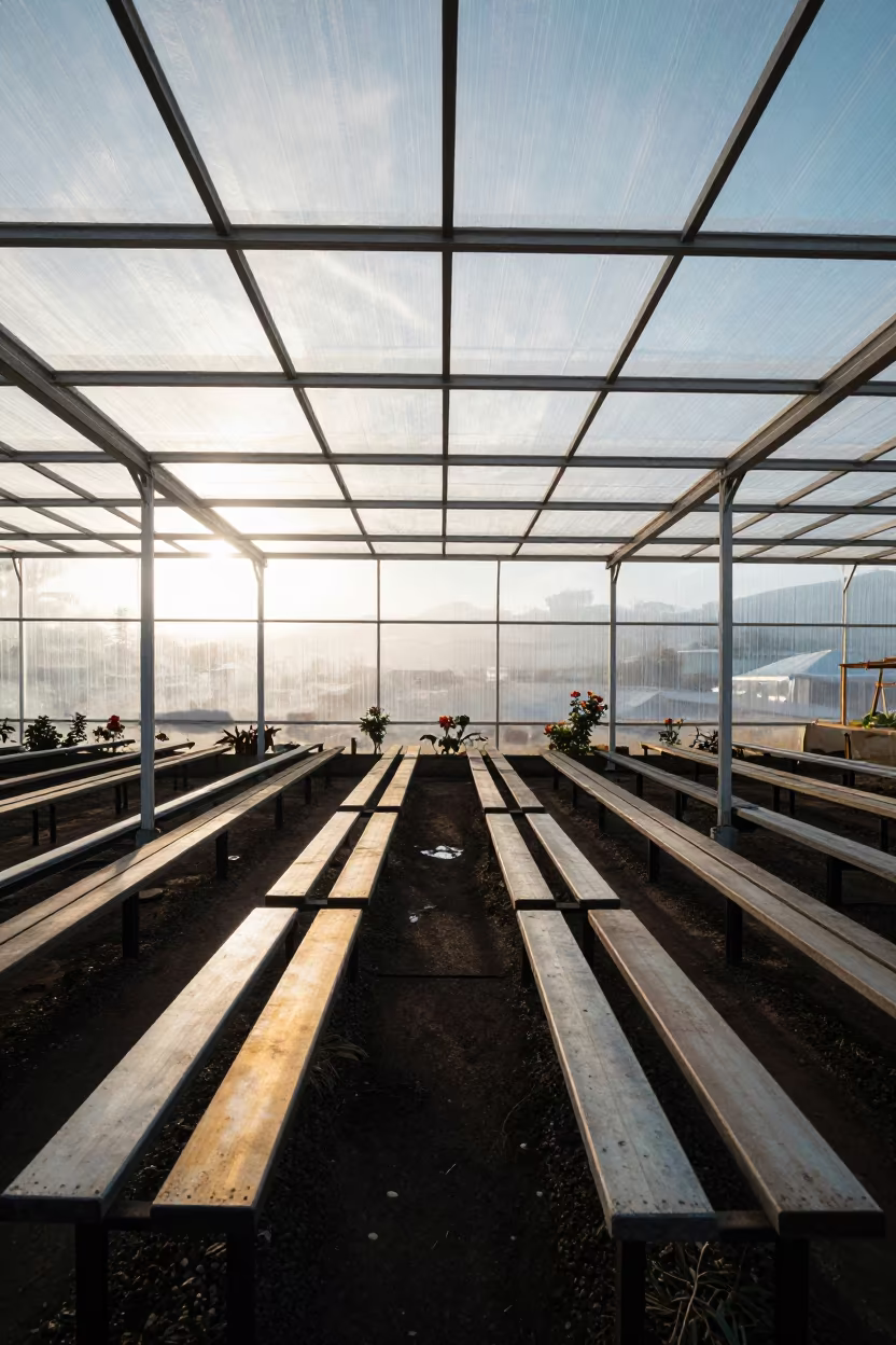 Greenhouse benches with dual suns in Canary Islands in under translucent greenhouse roofing in the Canary Islands