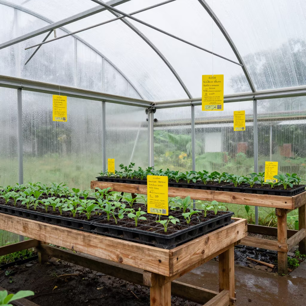 Greenhouse Potting Bench Morning Monsoon in under translucent greenhouse roofing near Pétion-Ville