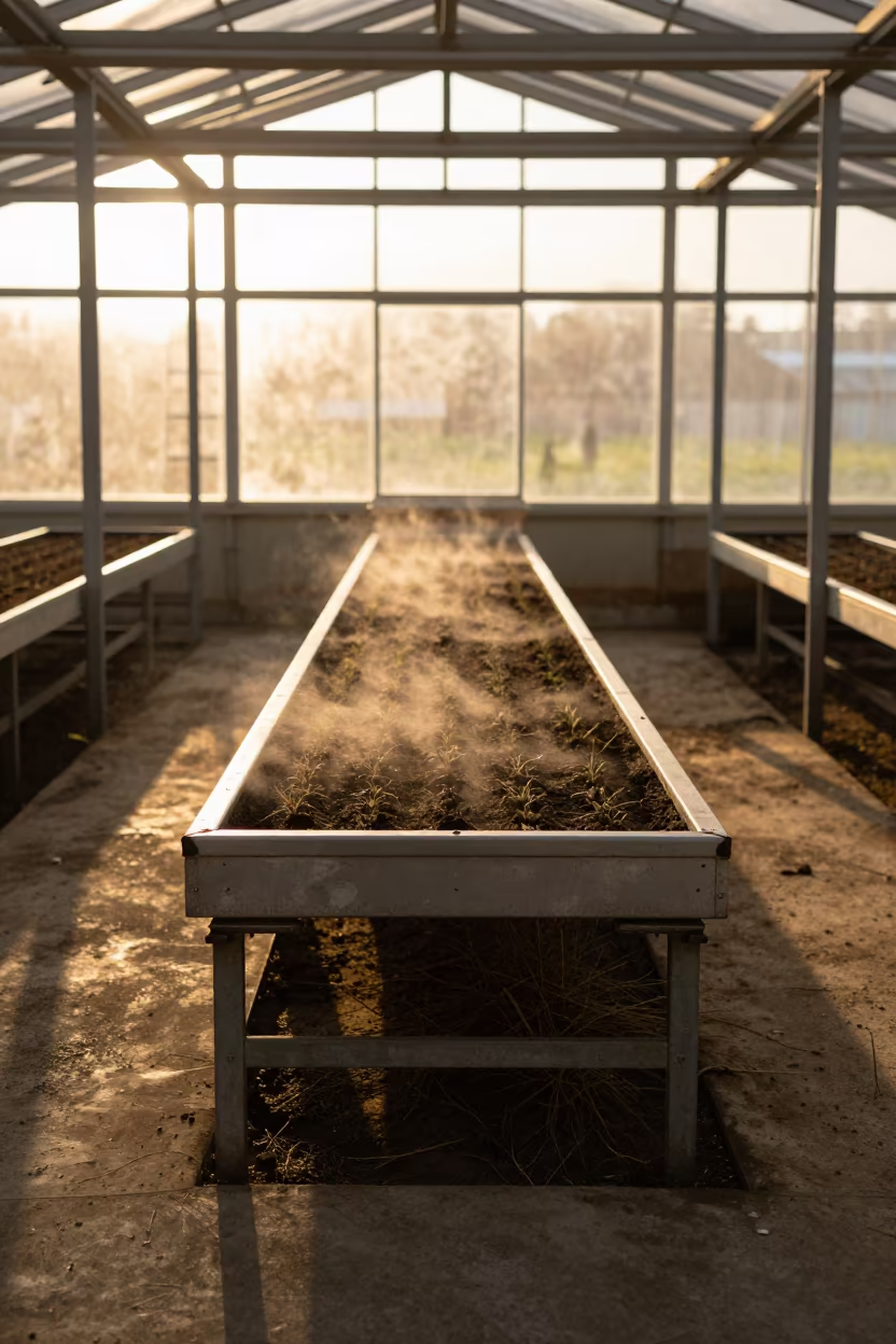 Greenhouse Seedlings in Dairy Parlor Golden Hour in in a dairy milking parlor in Kyushu