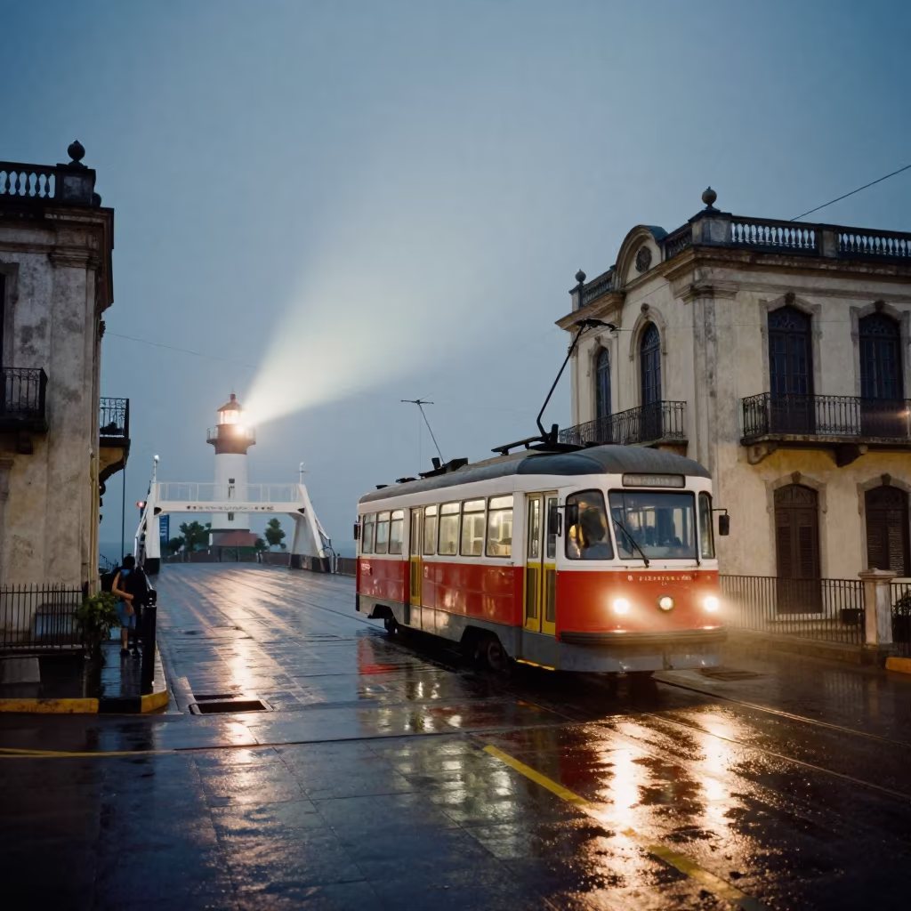 Grenada Tram Dawn Lighthouse Beam Wind in across a remote ferry crossing in Grenada