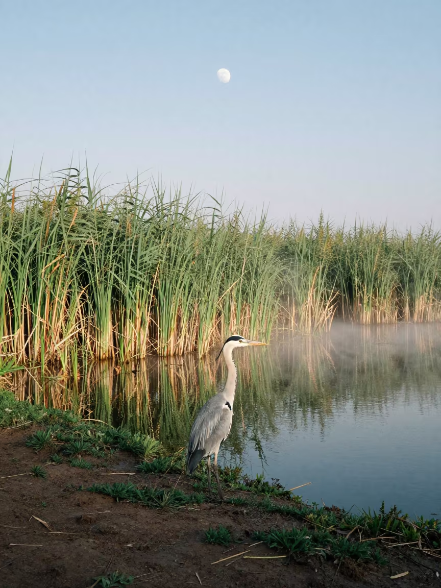Grey Heron Stillness Moon Reflection Reed Bed in at the edge of a reed bed in Ethiopia