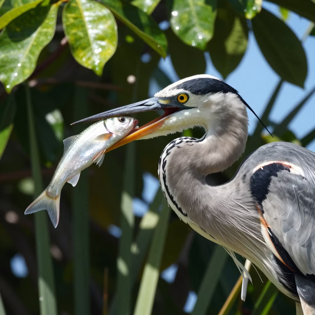 Grey Heron Swallows Fish in Bali Wet Season in in Bali
