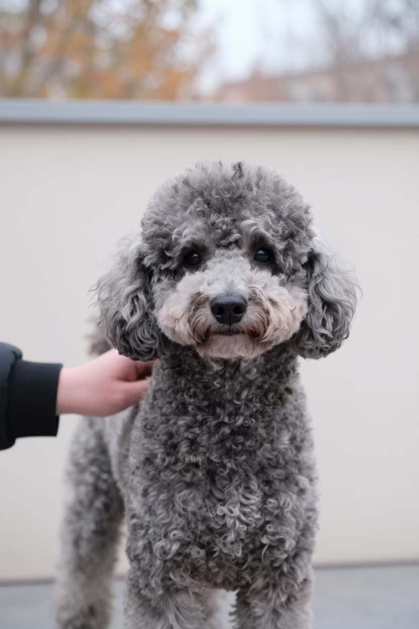 Grey Poodle Portrait Beside Courtyard Wall Harbin in beside a plain courtyard wall in clear daylight with the animal at eye level in Harbin