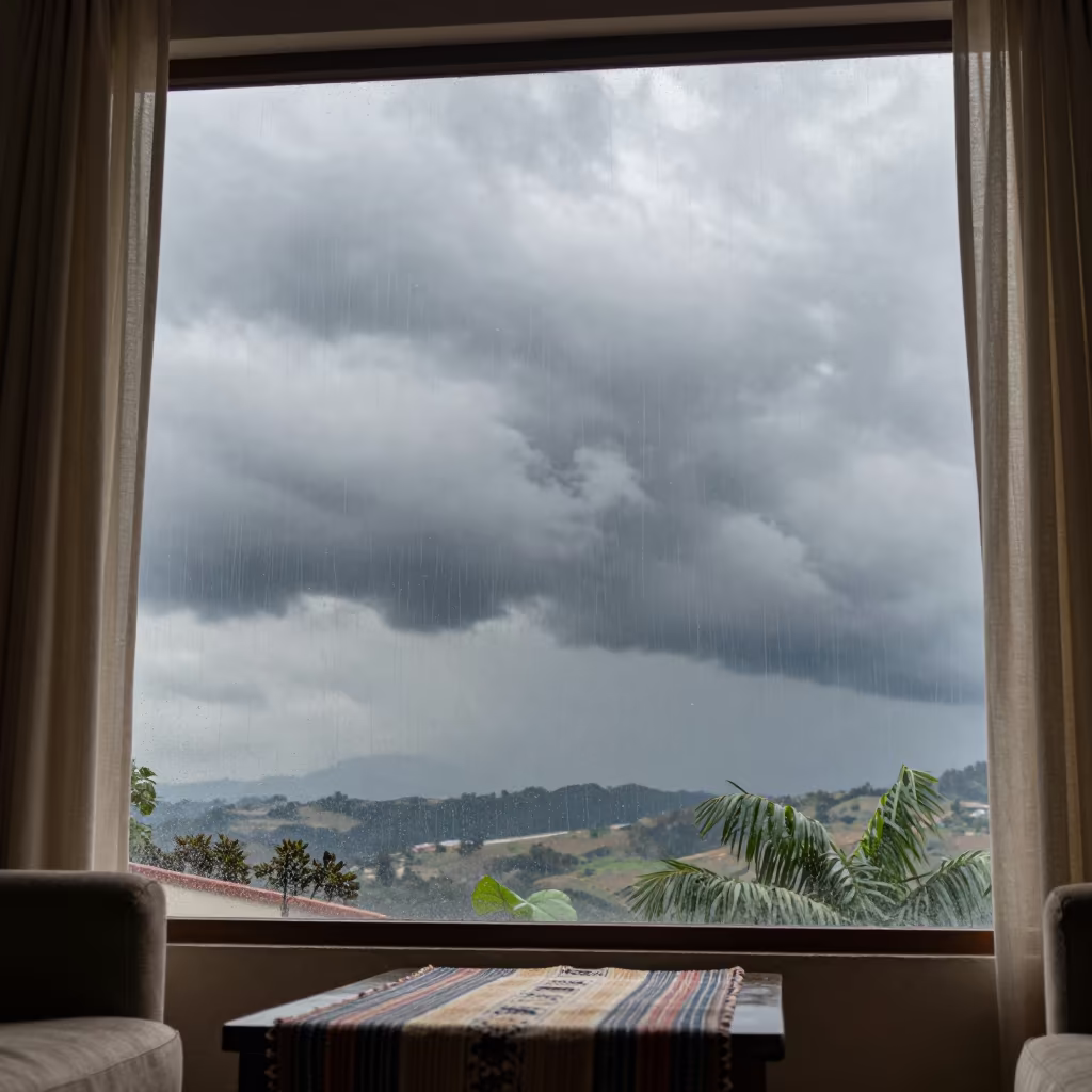 Grey Rain Clouds Over Sunlit Huehuetenango Living Room in in a sunlit living room in Huehuetenango