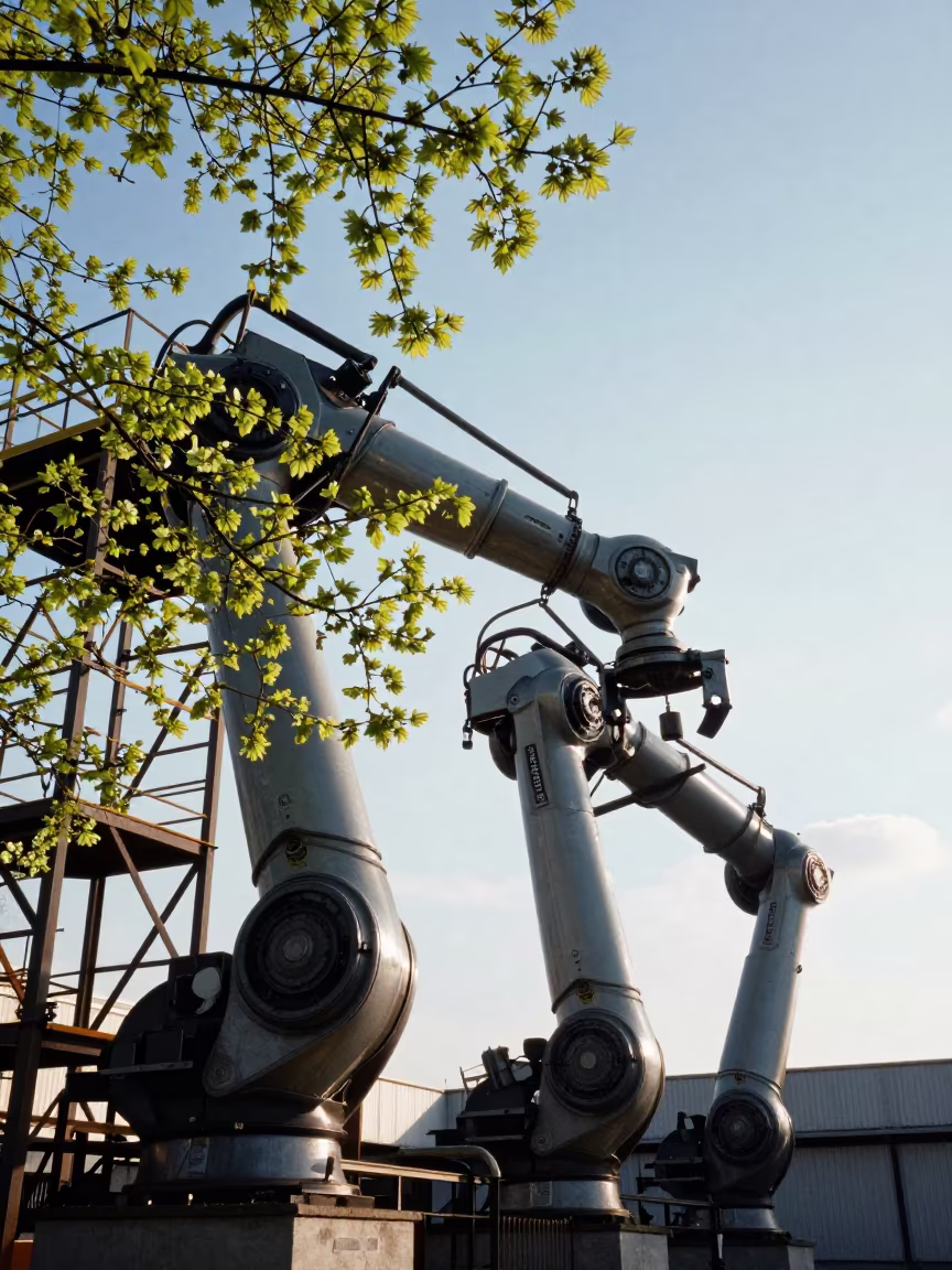 Grey Robotic Arms on Scaffold in Spring Light in on a scaffold platform near Katowice