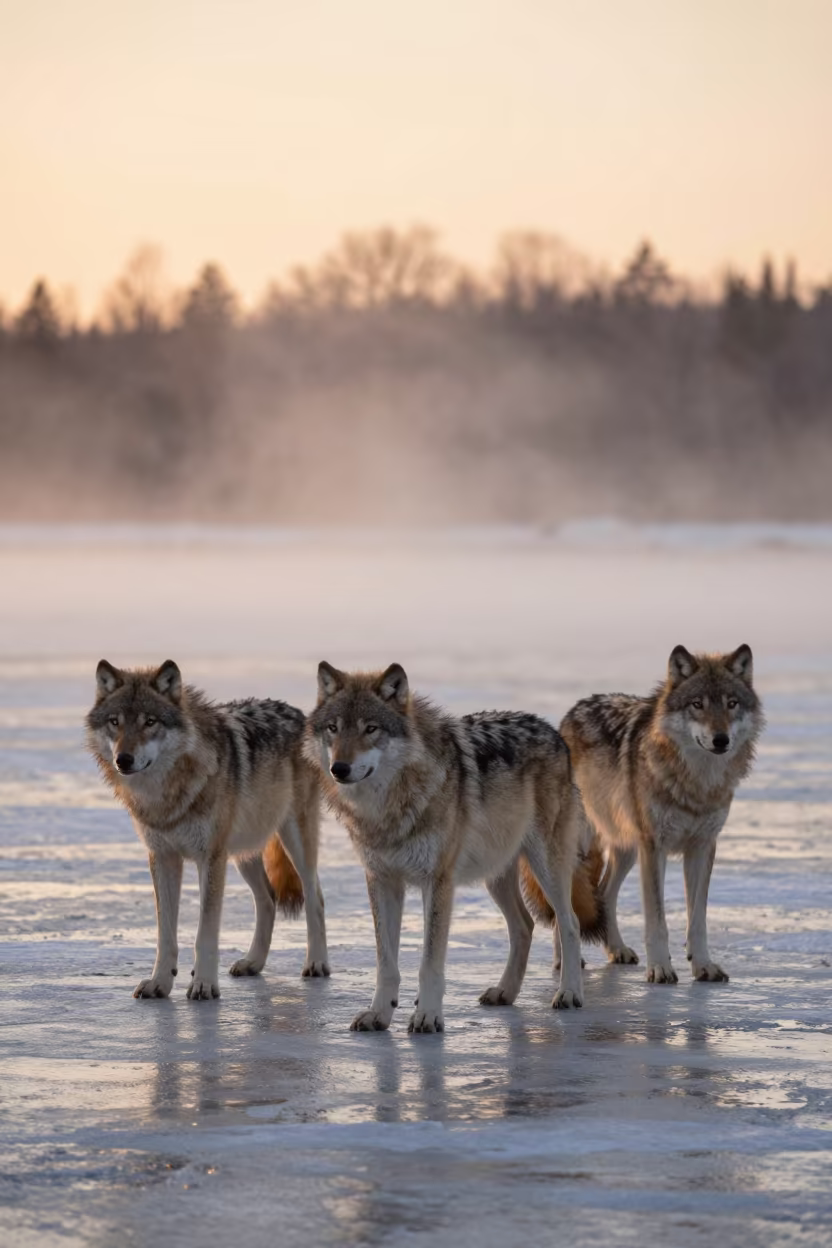 Grey Wolf Pack Frozen River Evening Mist in above a glacial stream near Stockholm