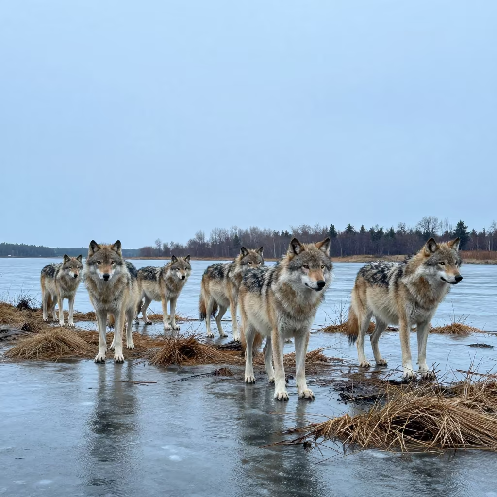 Grey Wolf Pack Frozen River Stockholm Winter in along a game trail near Stockholm