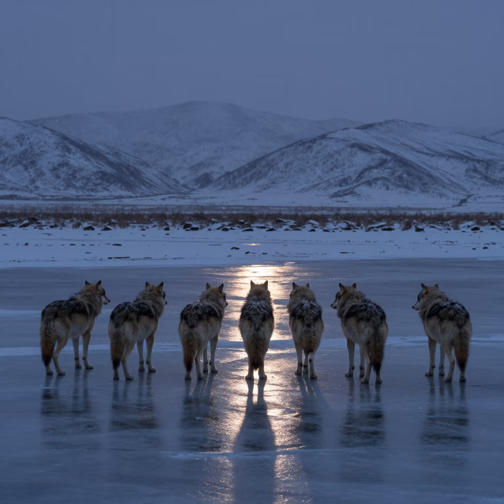 Grey Wolf Pack Twilight on Frozen Tibetan River in in Tibet