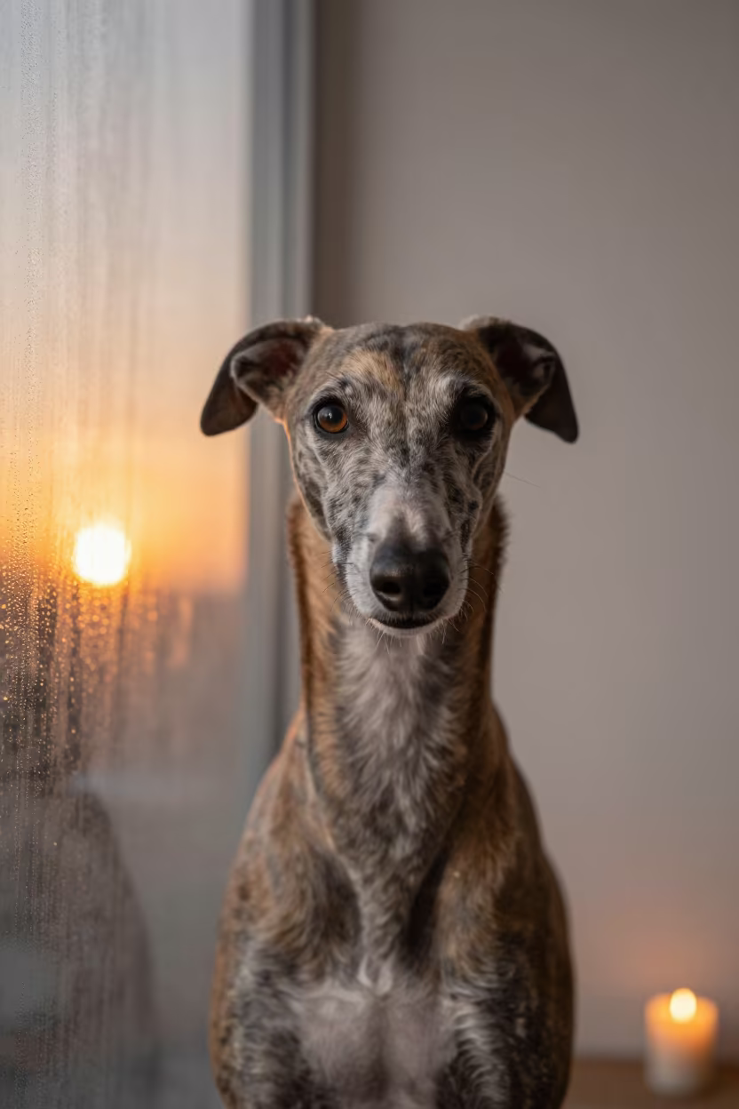 Greyhound Portrait in Candlelit Studio Sunset in in a quiet portrait studio with a plain backdrop and eye-level framing in Hawthorne, Portland