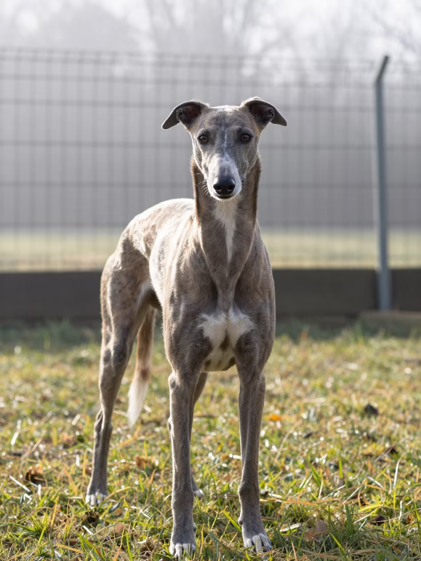 Greyhound Portrait in Early Winter Yard Near Meknes in in a small yard with clipped grass, calm light, and the animal centered in frame near Meknes