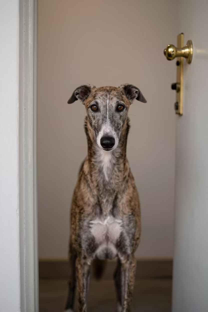 Greyhound Portrait in Faisalabad Hallway Dawn in beside a plain plaster wall in soft indoor light with the animal centered in frame in Faisalabad
