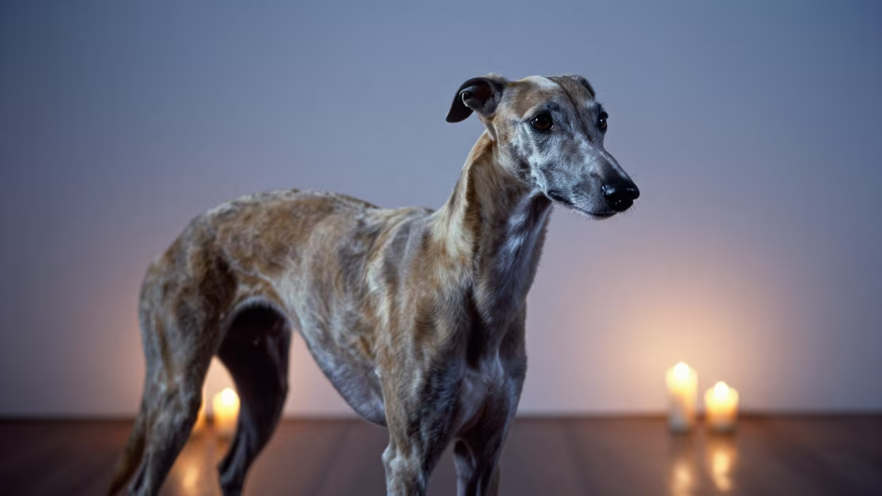 Greyhound Portrait in Hue Studio Candlelight in in a quiet portrait studio with a plain backdrop and eye-level framing near Hue