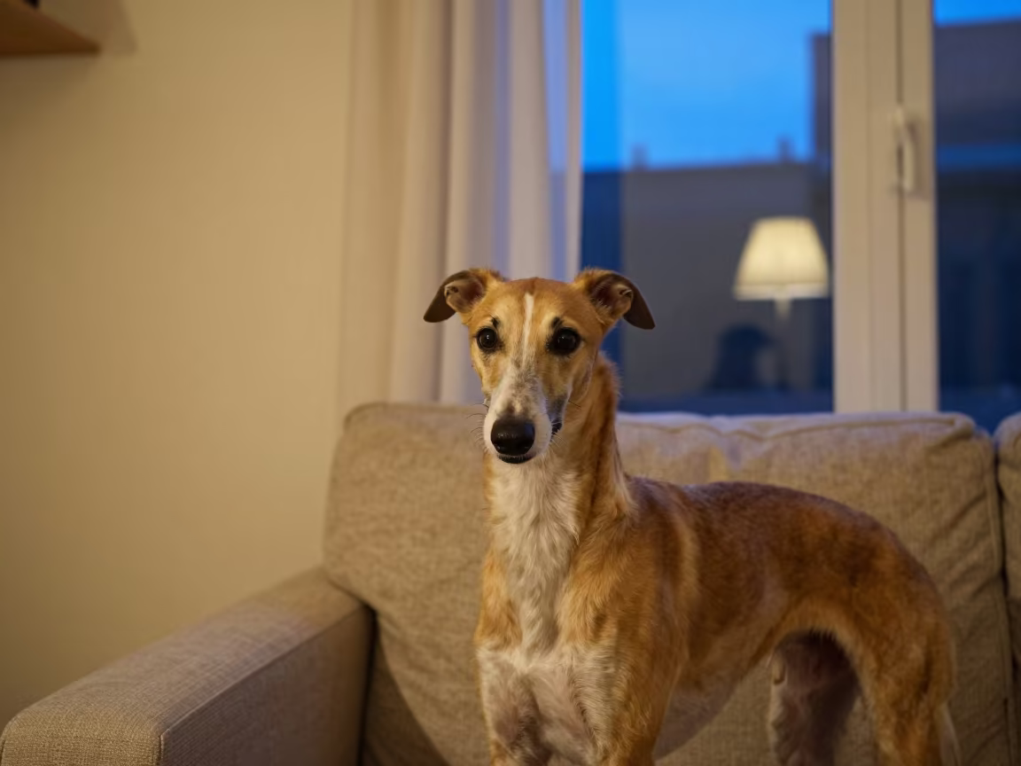 Greyhound Portrait Near Sapporo Window in on a sofa near a curtained window with calm indoor light in Sapporo