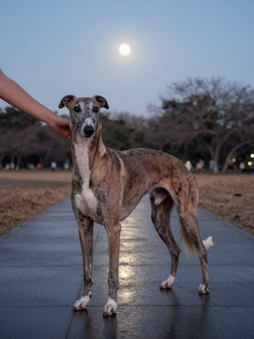 Greyhound Portrait on Surabaya Park Path in along a quiet park path with soft open shade and a clean background in Surabaya