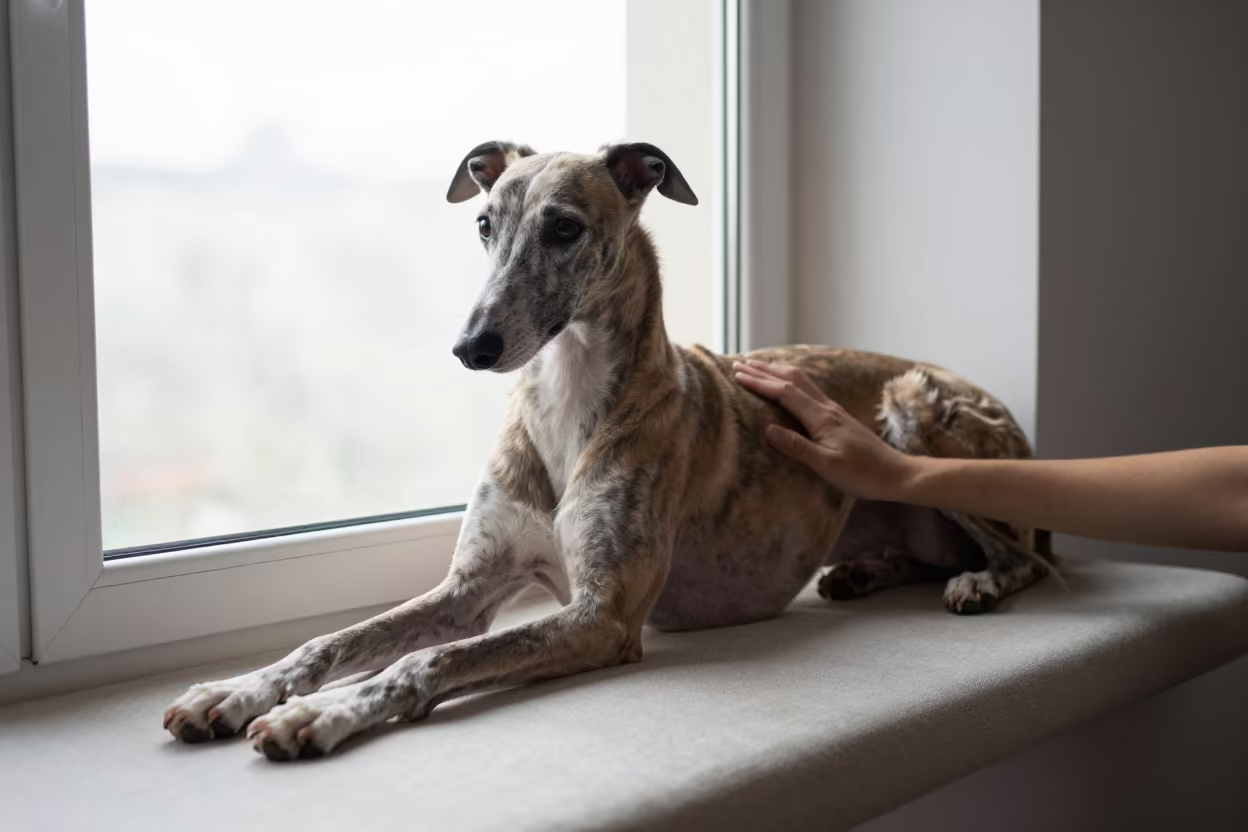 Greyhound Portrait on Window Seat in Bamako in on a cushioned window seat with soft side light and an uncluttered background in Bamako