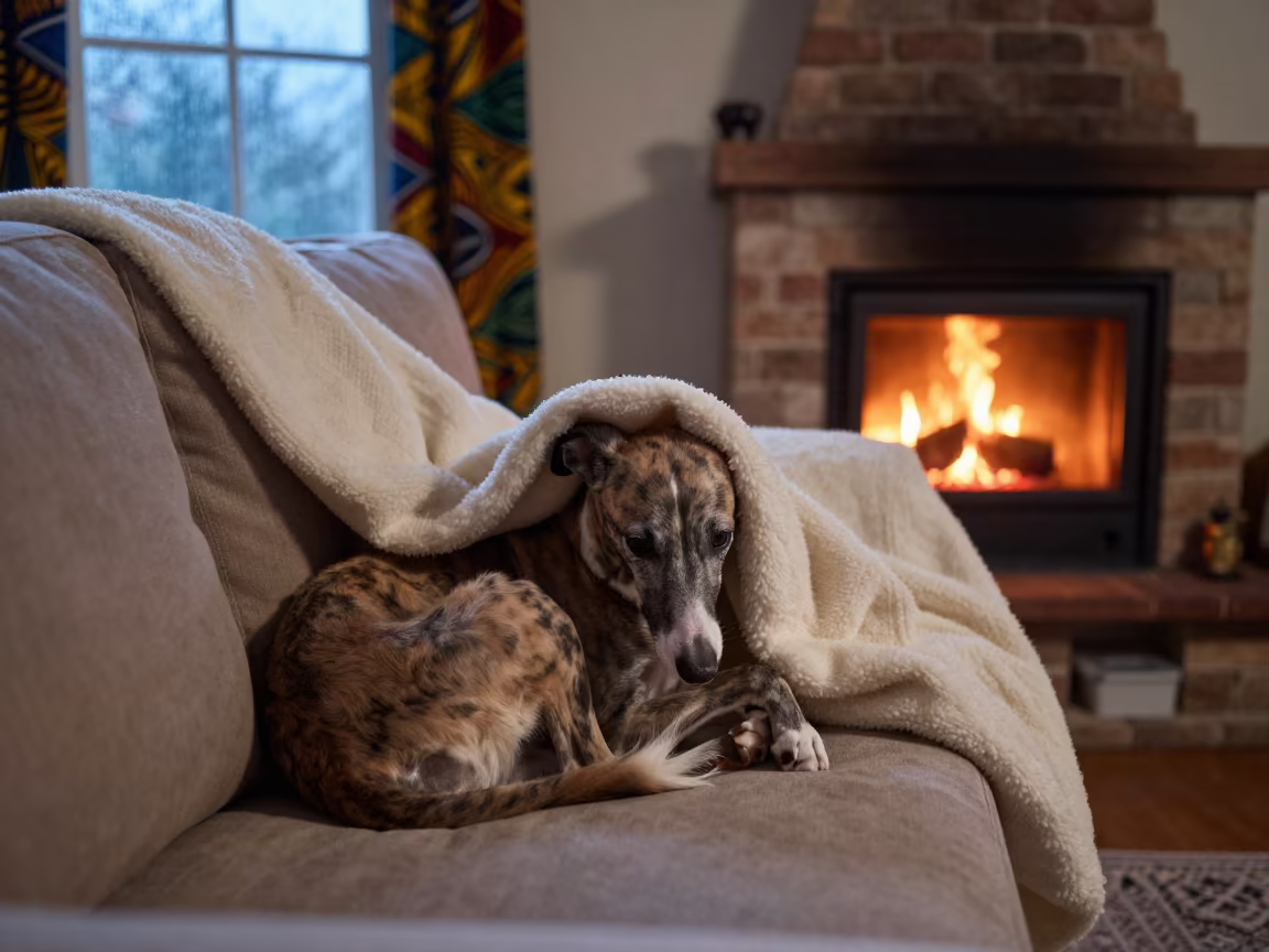 Greyhound Resting by Fireplace at Dawn in by a crackling fireplace in Ankara