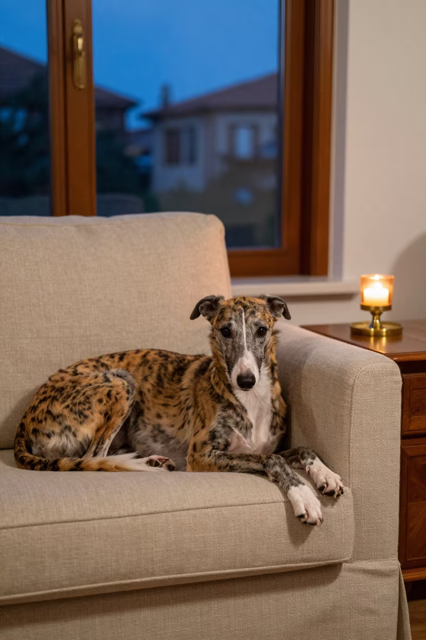 Greyhound Resting on Linen Sofa in Plovdiv in on a linen sofa with daylight from a nearby window in Plovdiv