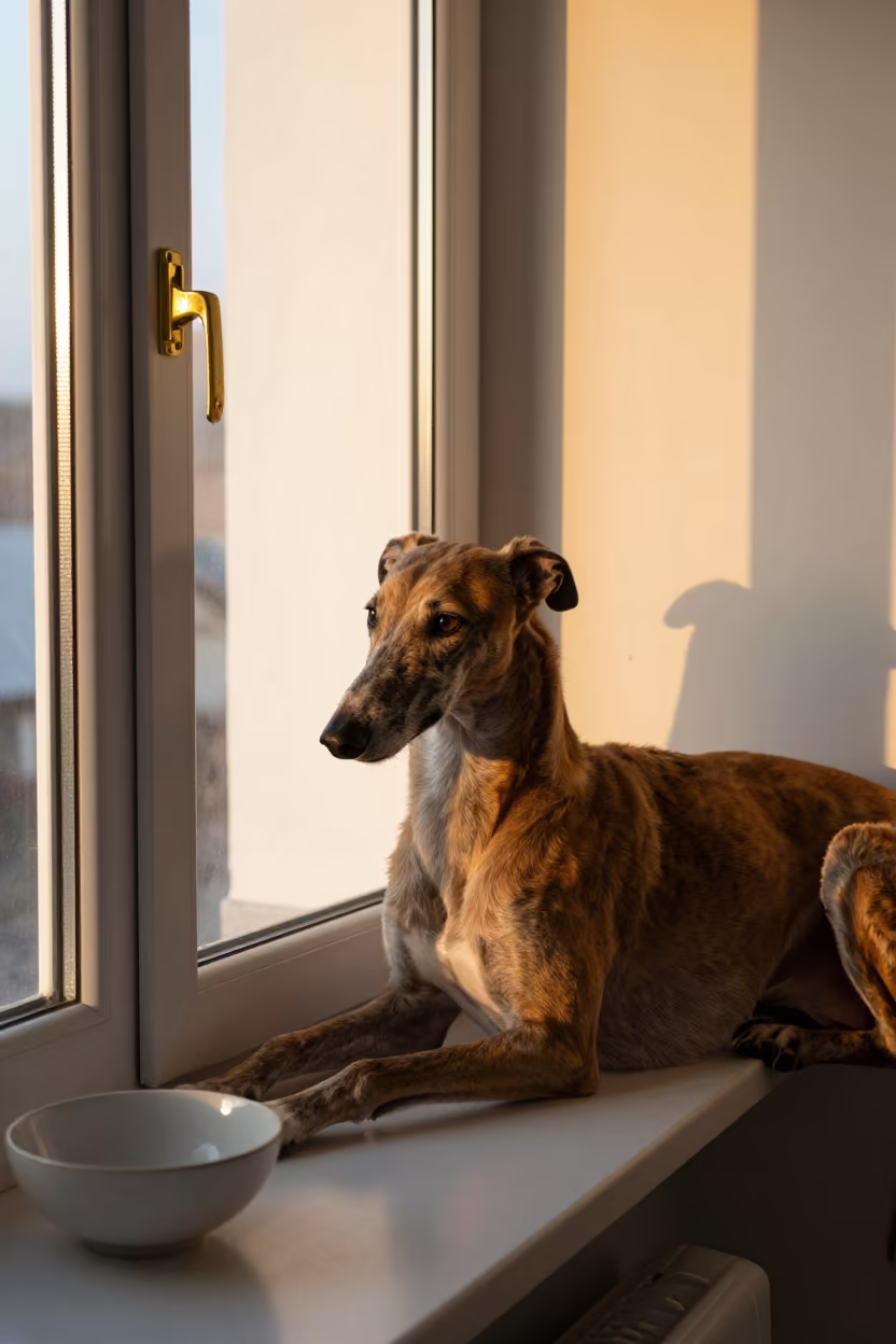 Greyhound Resting on Window Seat in Kotri in on a window seat in a quiet apartment with soft side light in Kotri