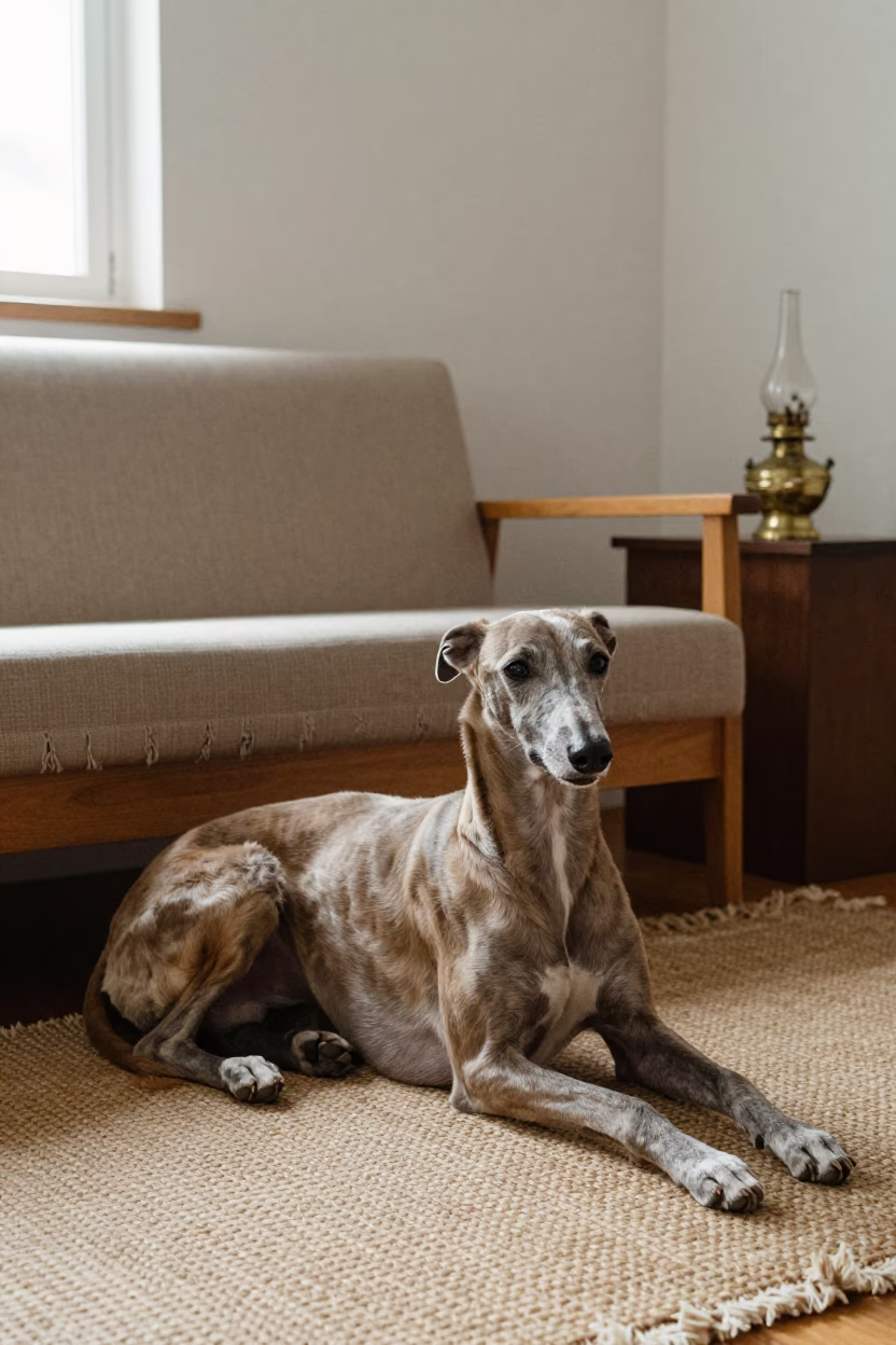 Greyhound Resting on Woven Rug in Puebla Home in on a woven rug beside a low couch and an uncluttered wall in Puebla
