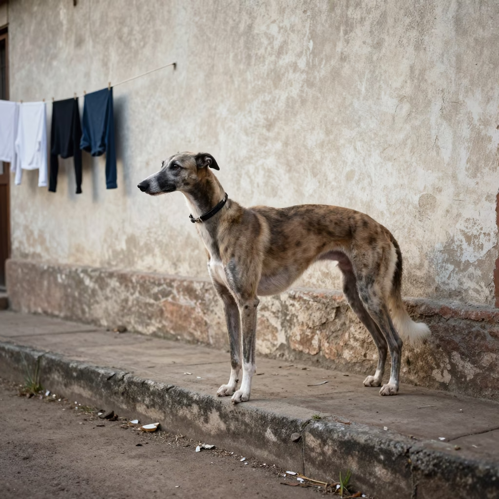 Greyhound Standing Near Garden Edge in Maracay in near a garden edge with soft morning light and an uncluttered background in Maracay