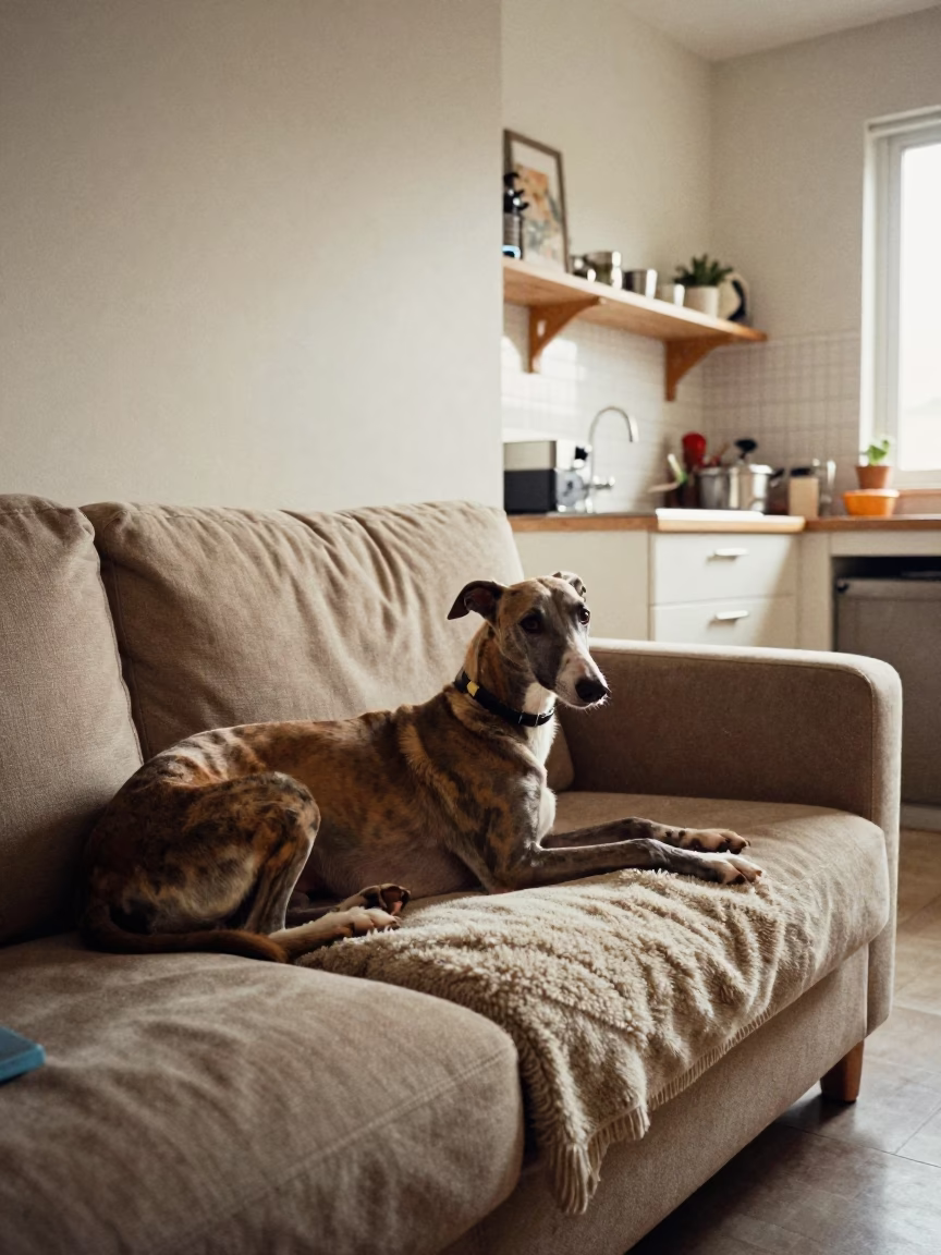 Greyhound Under Wool Throw on Kitchen Sofa in in a cozy kitchen in Campinas
