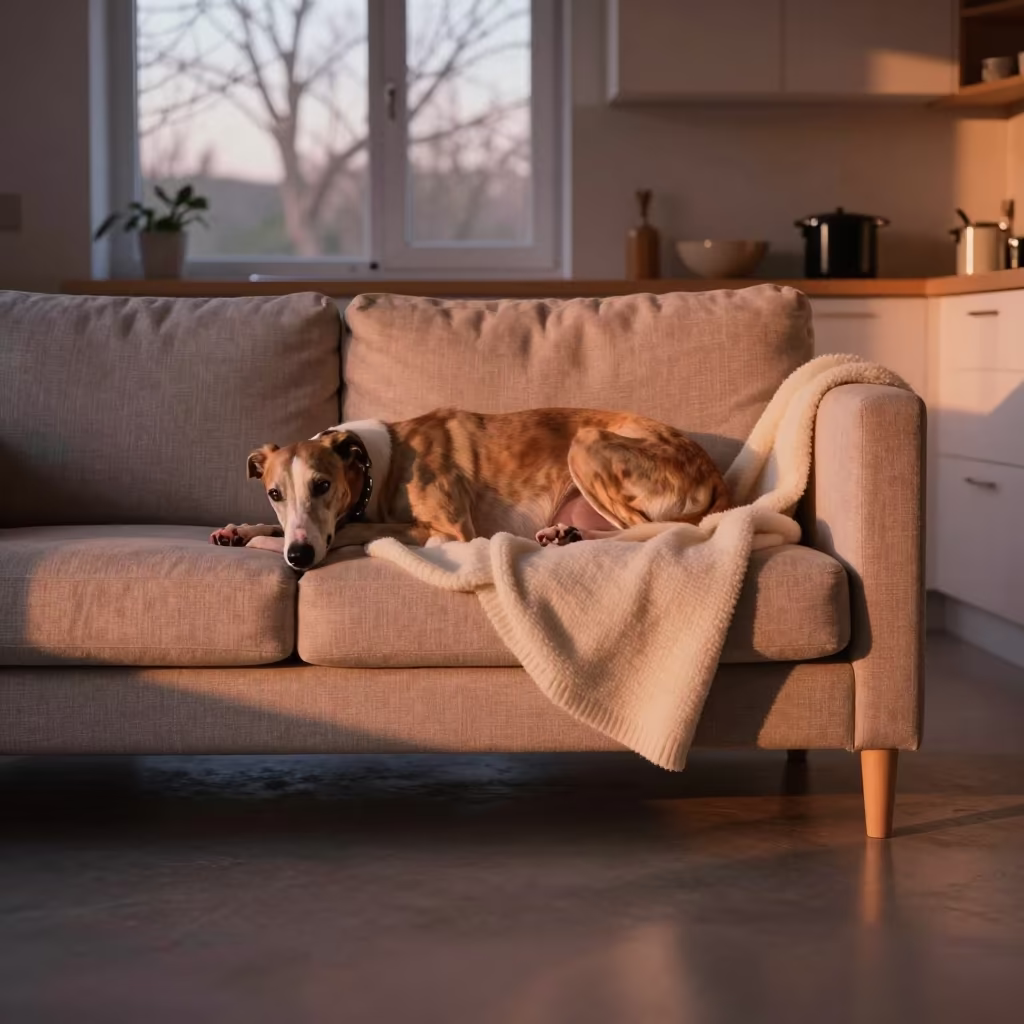 Greyhound Under Wool Throw on Sofa in in a cozy kitchen in Anyang