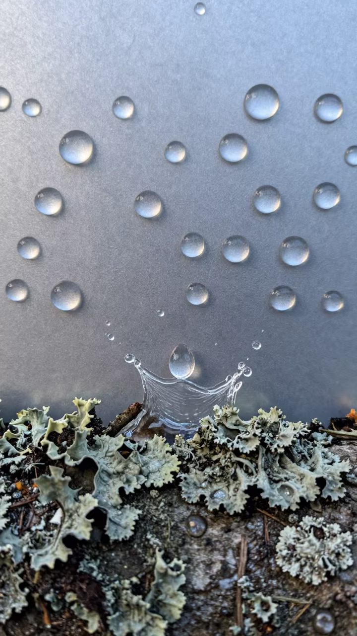 Grid of Frozen Water Droplets on Lichen Bark in on lichen-covered bark in Vancouver