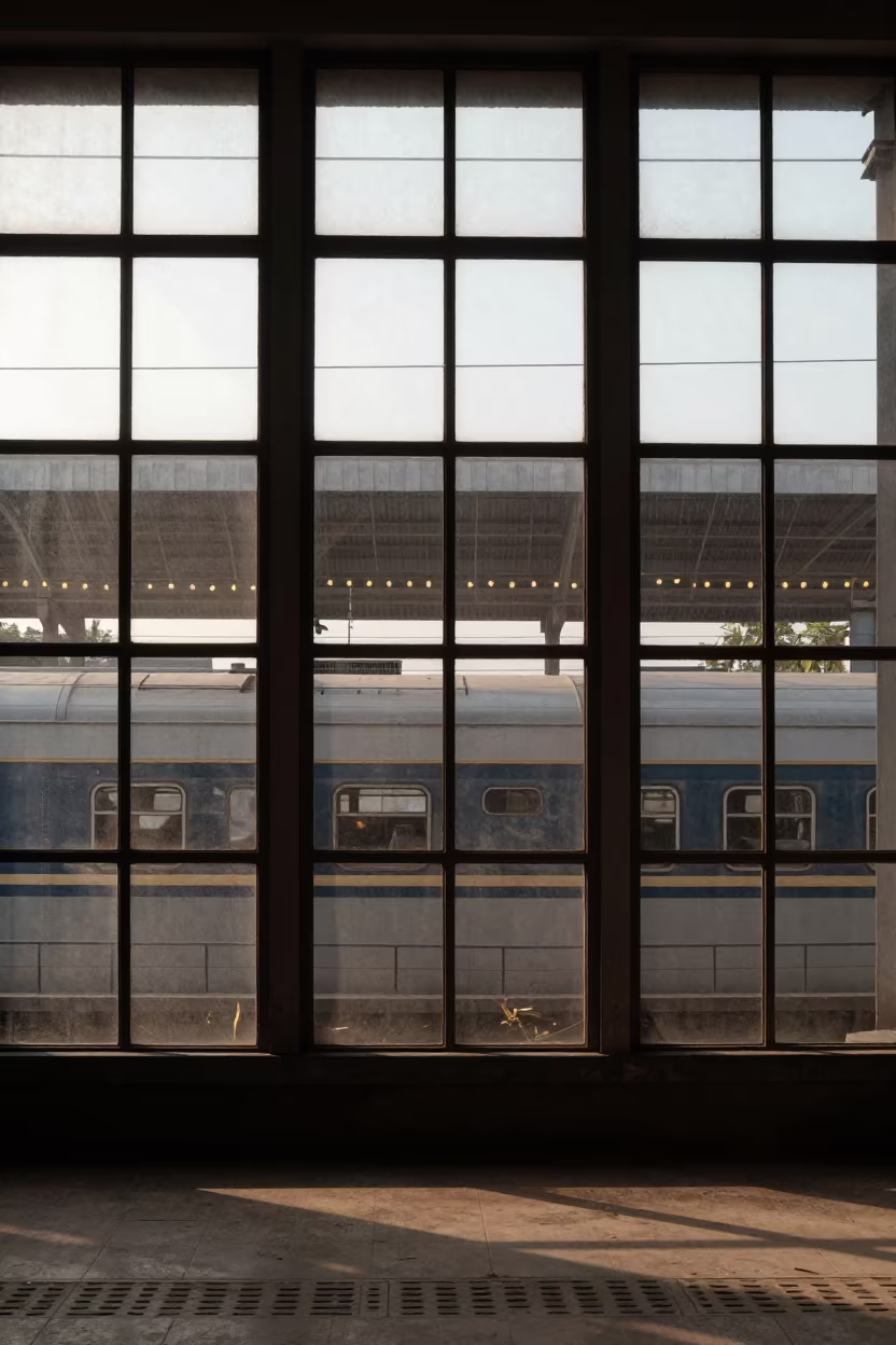 Grid of Windows Above Train Terminal Batala in inside a restored train terminal in Batala